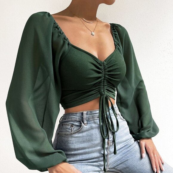 Dark Green Casual Women's Sweetheart Neck Drawstring Lantern Sleeve Crop Top - Picture 4 of 5
